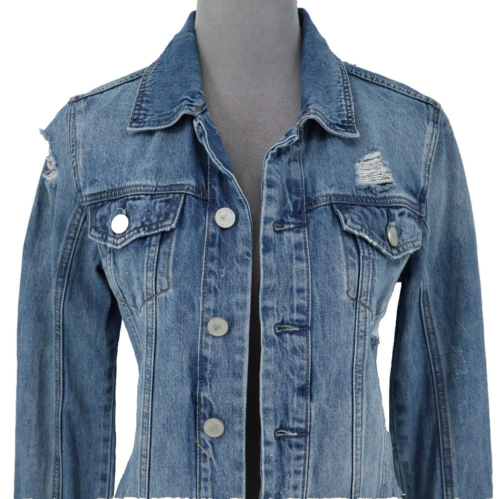 Blank NYC Jean Jacket Womens XS Blue Cotton Denim Raw Hem Distressed FLAW - Picture 8 of 16